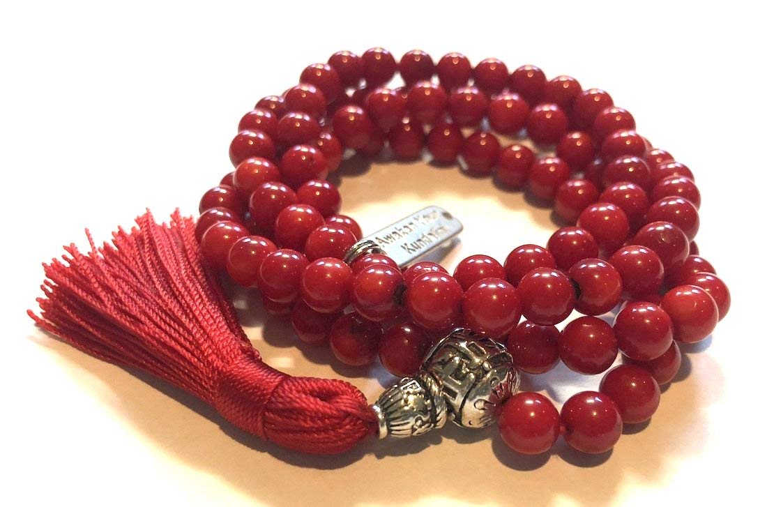 Red coral prayer beads japa mala necklace 6-7mm handmade 108+1 yoga meditation beads. Buddhist karma rosary for nirvana chanting om awakening chakra kundalini - w/Velvet Pouch