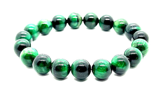 AWAKEN YOUR KUNDALINI Green Tiger's Eye Stretch Bracelet, 8mm Beads, Birthstone for Capricorn, Gemini, Heart Chakra