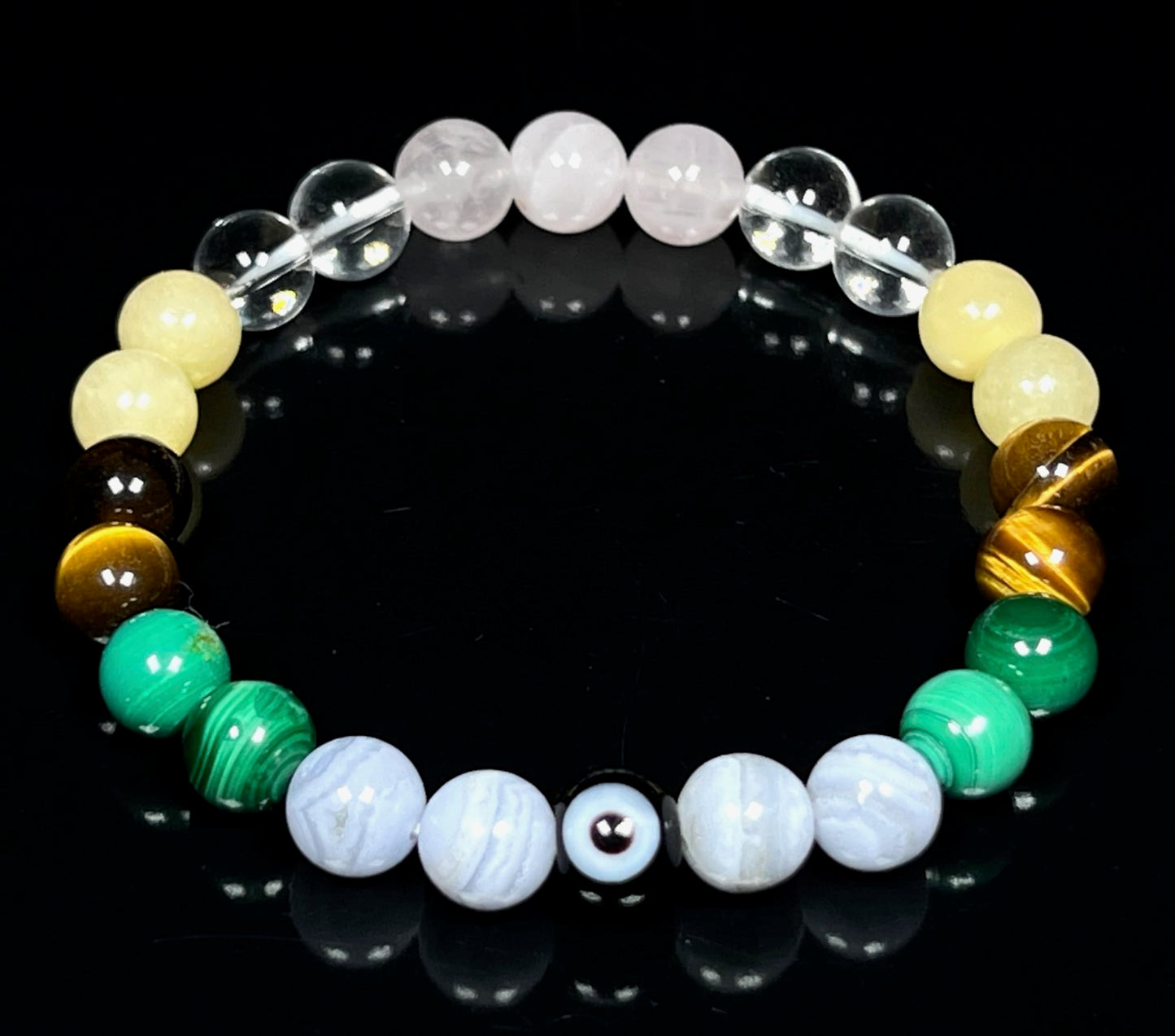 Awaken Your Kundalini Crystals For Happines - Beaded Bracelet - Malachite Tiger's Eye Calcite Blue Lace Agate Rose Quartz Evil Eye - Heart Chakra Stones, Happy Bracelet, Crystals for Joy