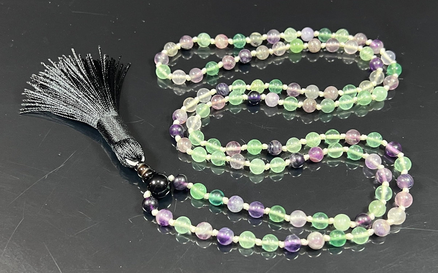 Embrace Balance: Hand-Knotted 6mm Rainbow Fluorite Mala Beads Necklace, Pisces Birthstone, Libra Astrological Sign, Heart and Third Eye Chakra