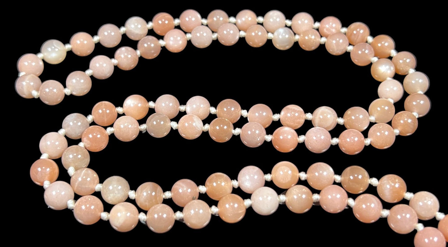Hand Knotted Peach Moonstone Mala Necklace – Emotional Healing & Divine Feminine Energy | Sacral Chakra | VESTA Collection