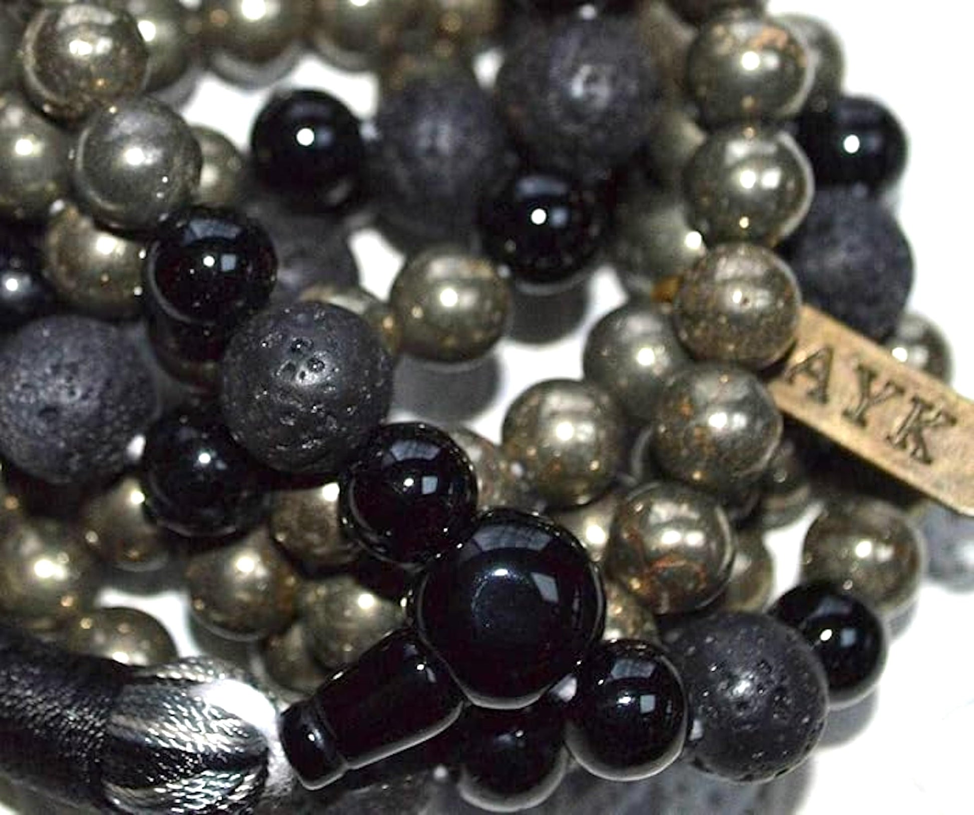 Pyrite Black Tourmaline Lava Mala Necklace 108 Beads Hand-Knotted Handmade USA VULCAN Collection Root Chakra Solar Plexus Protection Grounding EMF Shield Spiritual Warrior Meditation Volcanic Energy Natural Stone AYK