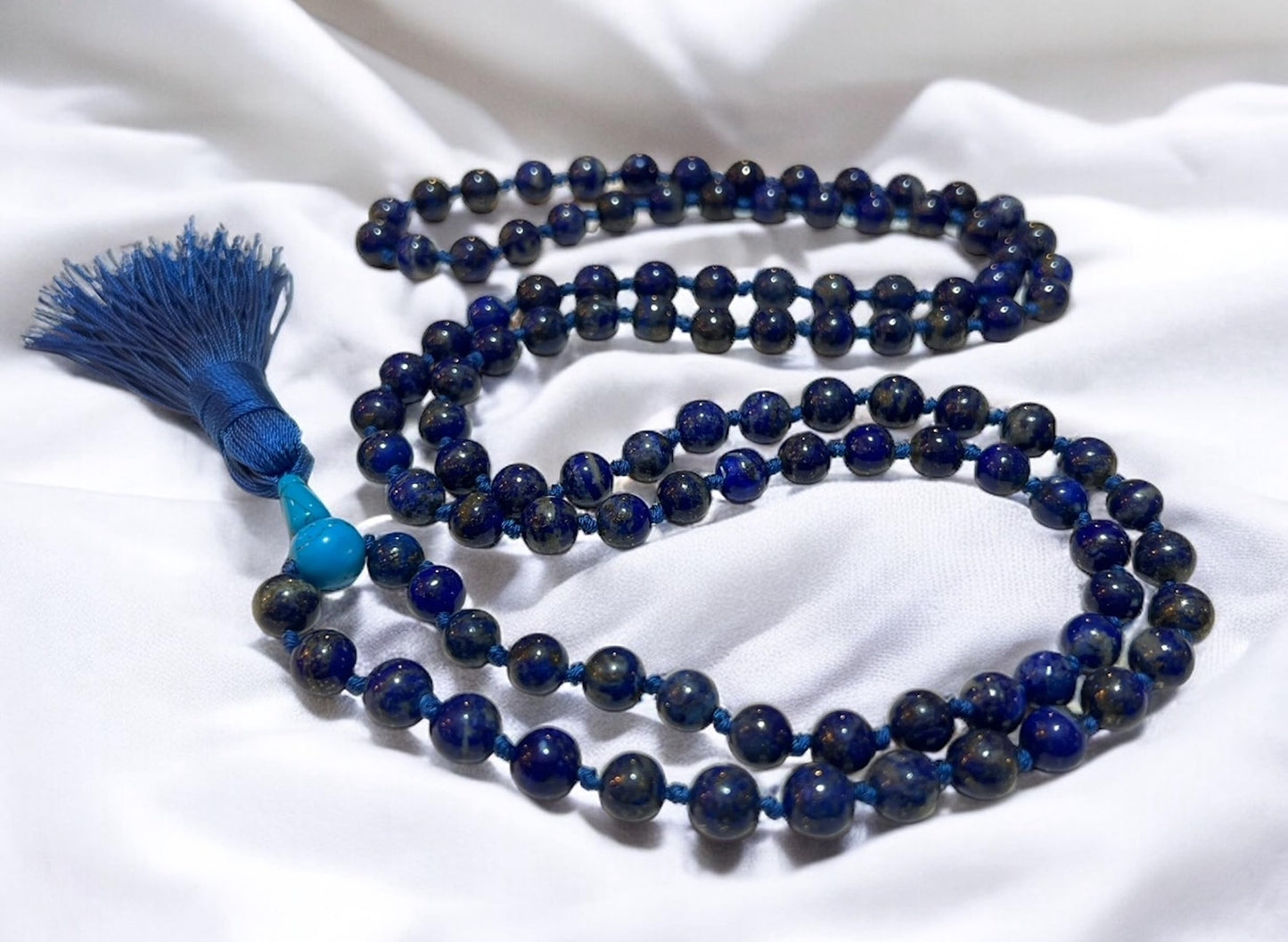 Hand Knotted 10mm Lapis Lazuli Mala Beads Necklace | Third Eye & Throat Chakra Healing | Intuition & Communication Boost - Natural Undyed