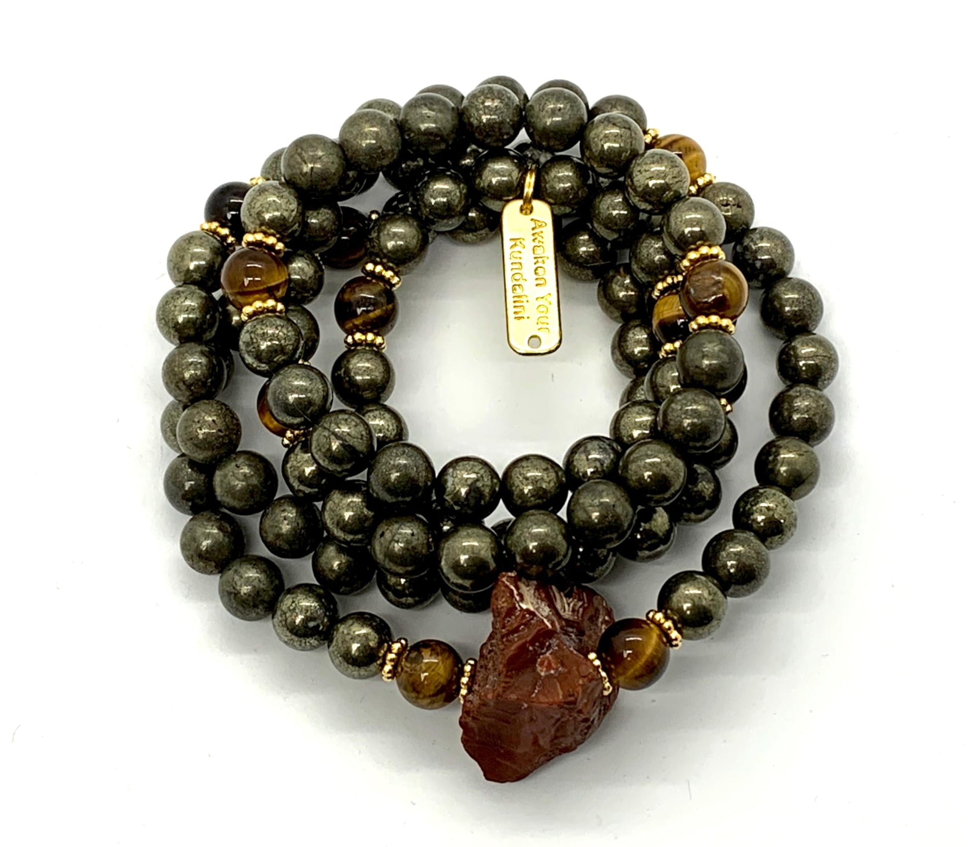 Carnelian Tiger's Eye Pyrite Mala Beads Texture Close-up 8mm Natural Stone HIRANYA Collection Solar Plexus Sacral Chakra Hand-Knotted Protection Abundance Healing Meditation Handmade USA AYK