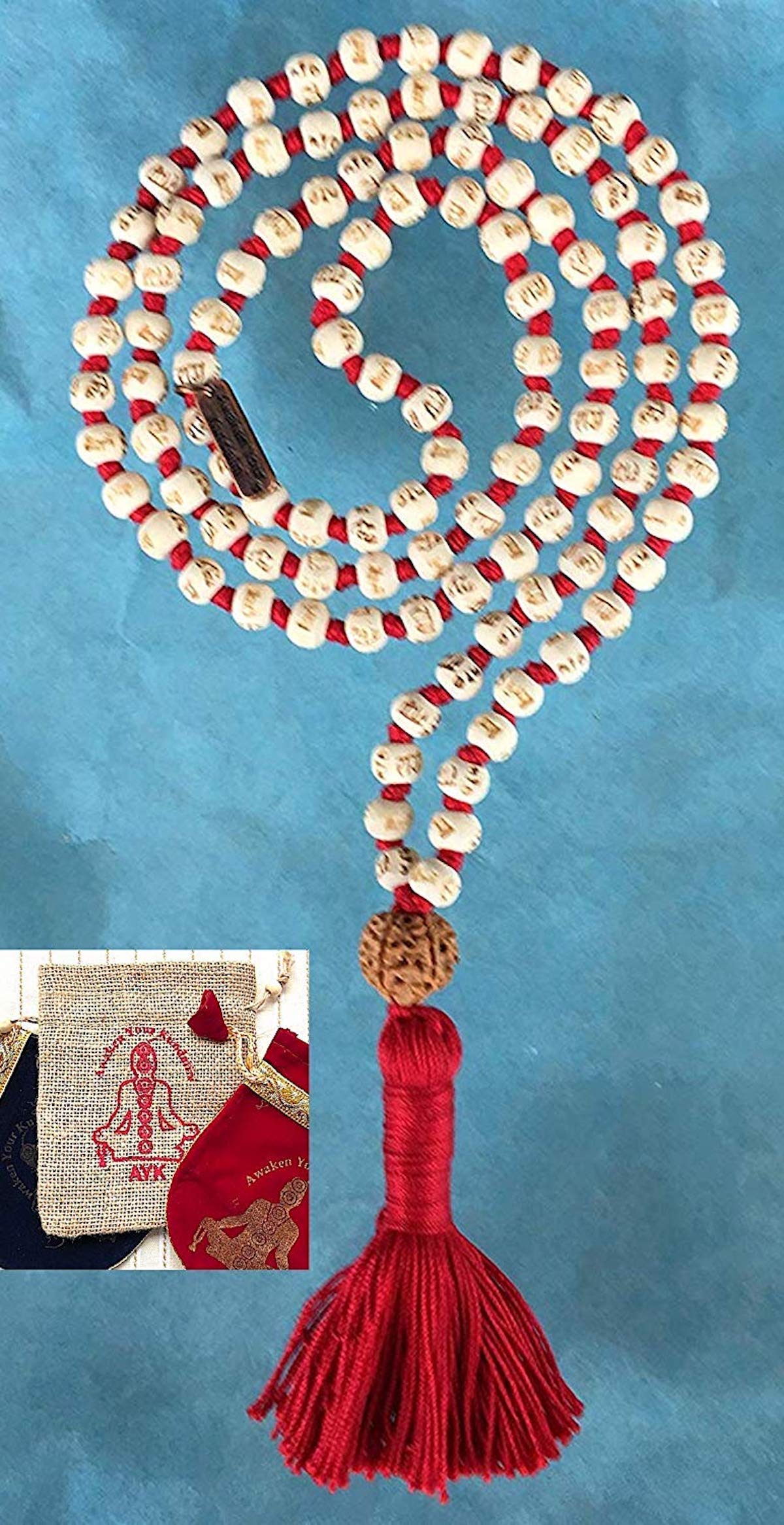 Tulsi mala Beads Holy Basil Japa mala Ram mala w/ 5 Mukhi Rudrakha 5 Face Rudraksh 108 Prayer Beads Energized for Chanting Mantra 7 Chakra mala in Red Blue Teal Colors w/Pouch (RED)
