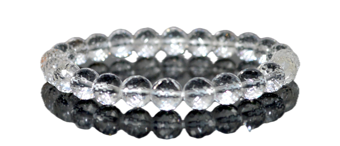 Diamond Cut Crystal Quartz Stretch Bracelet – 6mm & 8mm – April Birthstone for Aries and Taurus Zodiac Sun Sign – Crown Chakra Energy Bracelet