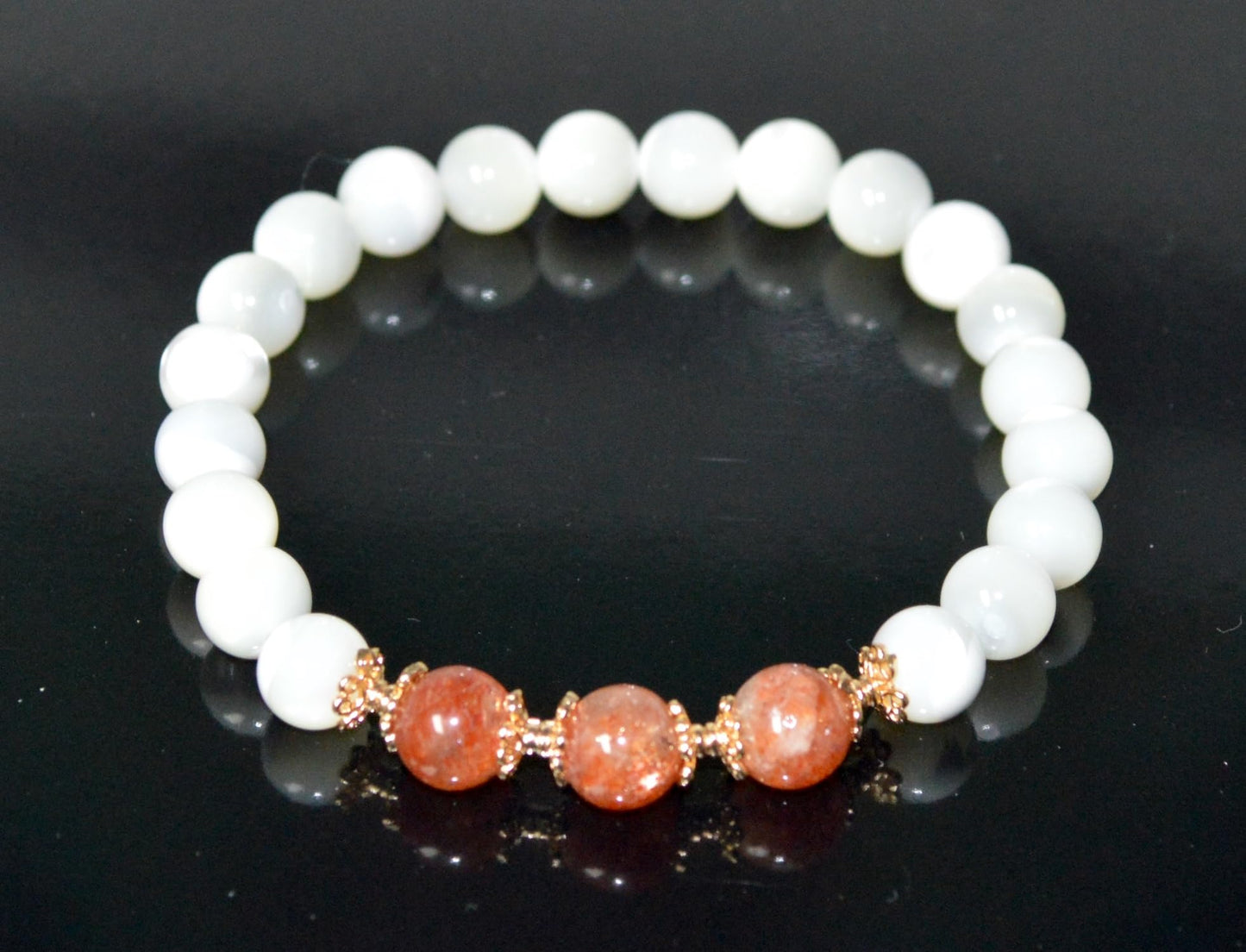 Mother of Pearl and AAAAA Grade Sunstone Beads Stretch Bracelet – Solar Plexus Chakra, Leo Birthstone