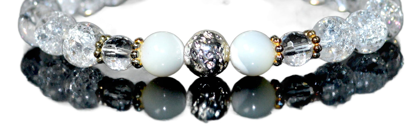 Handmade AAA Crackled and Faceted Crystal Quartz with Mother of Pearl Stretch Bracelet, Gemini Birthstone, May-June Sun Sign, Crown Chakra