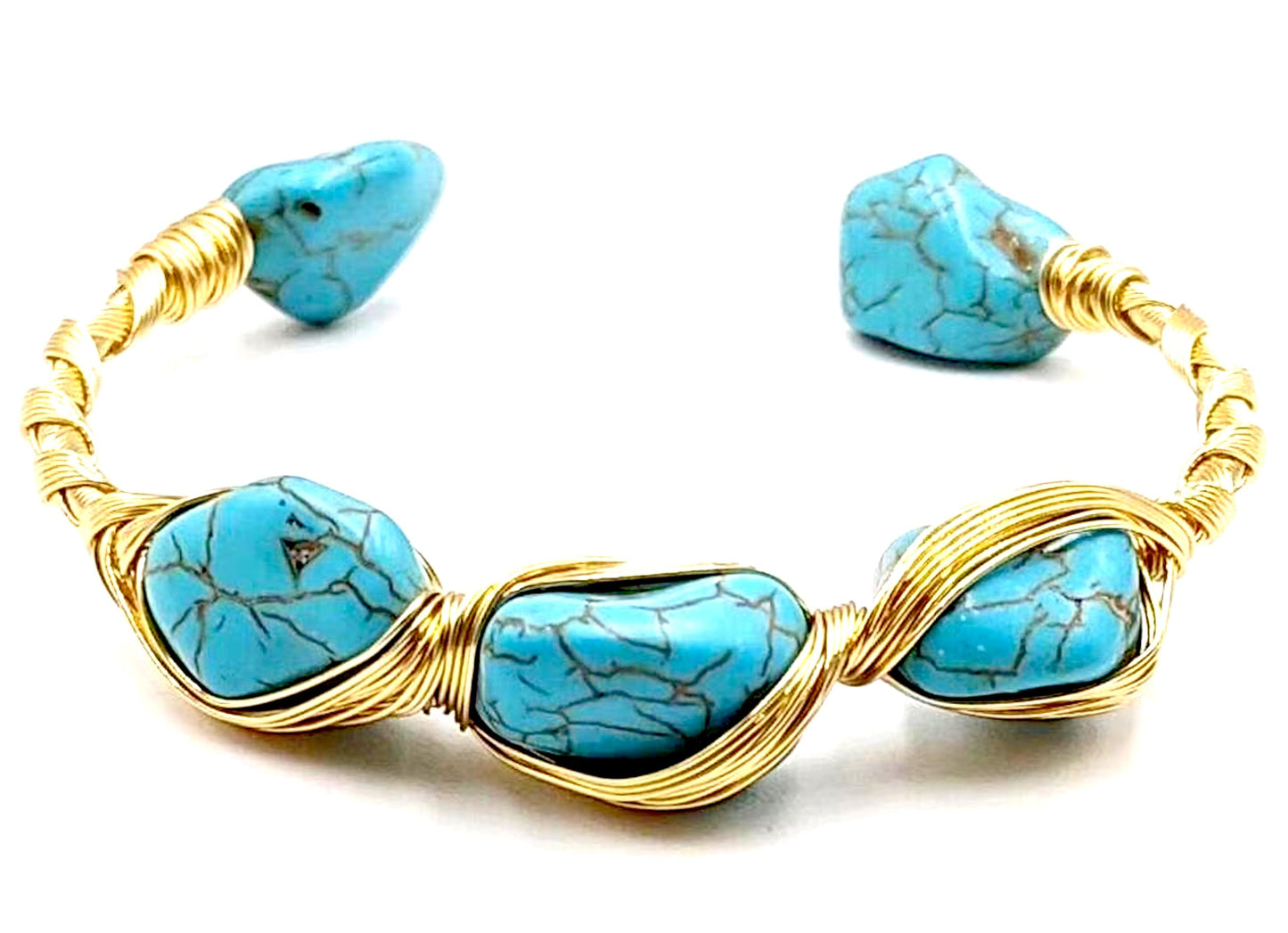Natural Turquoise Bangle – December Birthstone Bracelet – Handmade Wire Wrapped Adjustable Bangle with 18k Gold Plating – Throat Chakra – Ethically Sourced Gemstone Jewelry Gift for Women & Moms