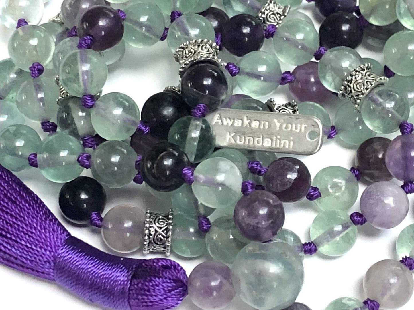 Hand-Knotted 8mm Rainbow Fluorite Mala Beads Necklace, Pisces Birthstone For February-March Heart and Third Eye Chakra