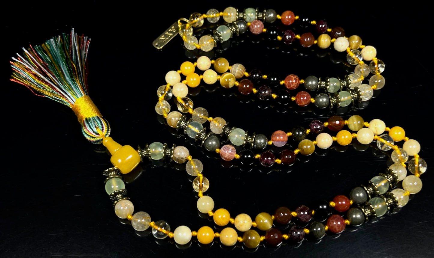 Hand Knotted Abundance Alchemist Mala Beads Necklace | Manifestation Crystals | 8mm 108 Beads | Solar Plexus & Root Chakras | Universal Zodiac Birthstones | Ethically Sourced