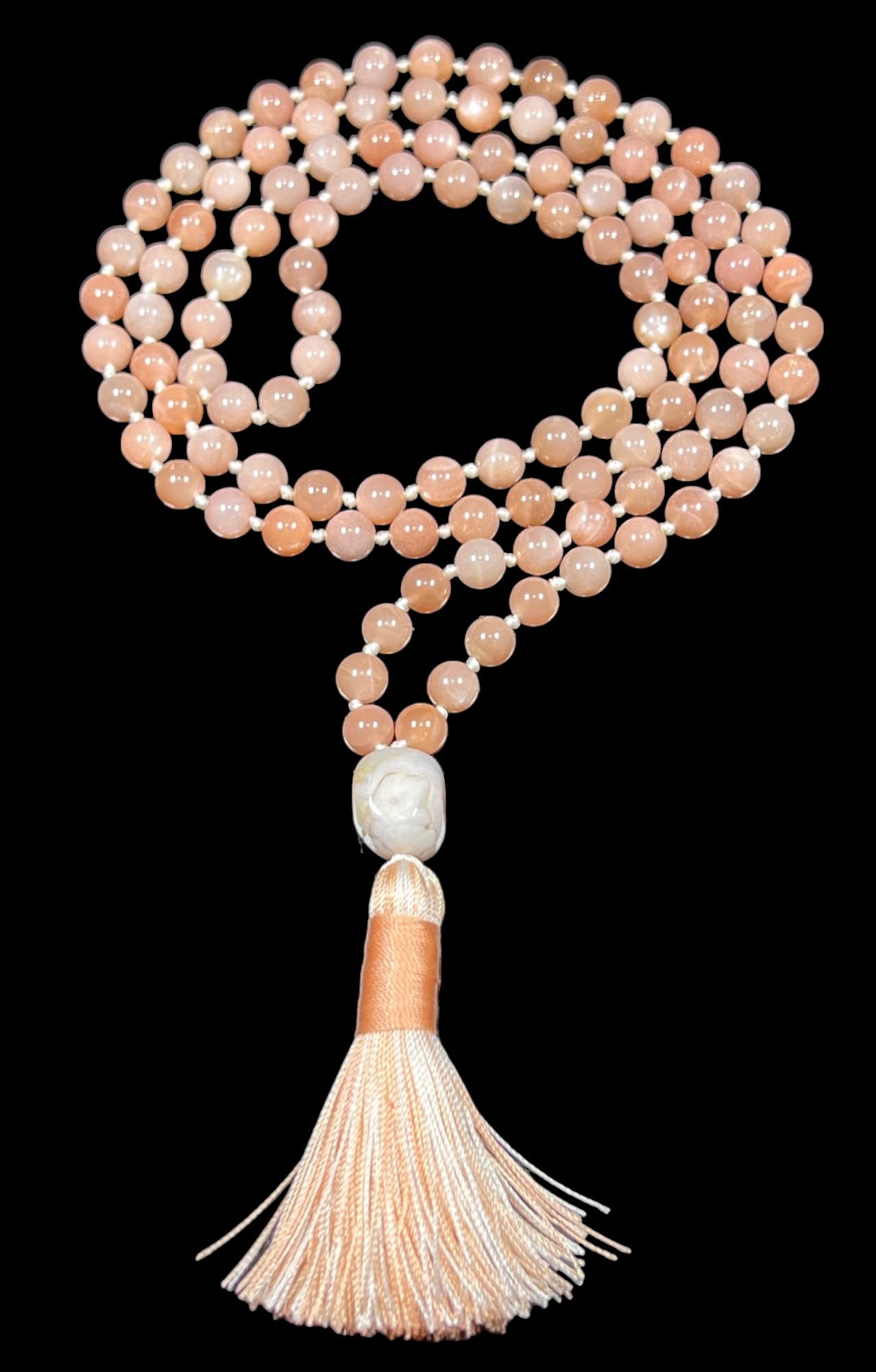 Peach Moonstone Mala Necklace w/Rose Quartz, 108 Beads, June Birthstone, Gemini Gemstone, Sacral Chakra - Nurture Your Soul