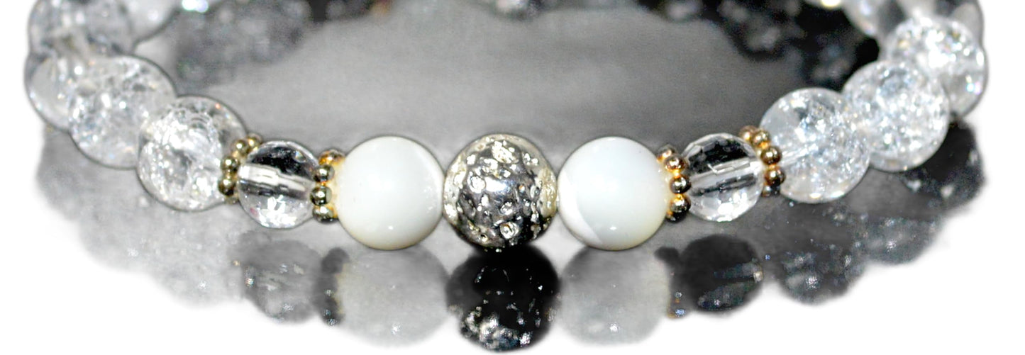 Handmade AAA Crackled and Faceted Crystal Quartz with Mother of Pearl Stretch Bracelet, Gemini Birthstone, May-June Sun Sign, Crown Chakra