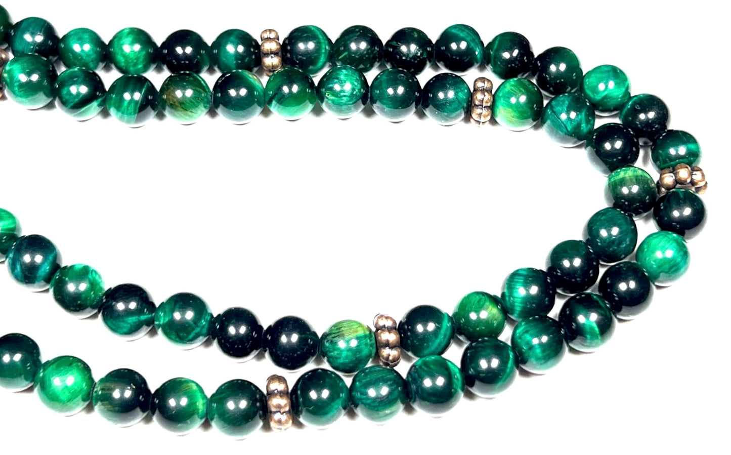 Handmade Green Tiger's Eye Mala Beads Necklace – 8mm 108 Beads - Copper Spacers – Heart Chakra & Taurus Birthstone
