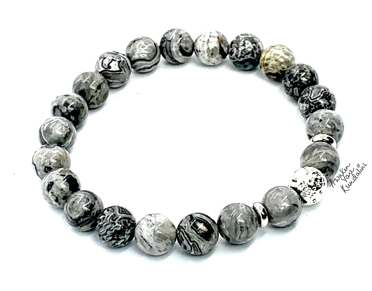 Scenic Jasper and Lava Stretch Bracelet with Choice of Black or Silver Finish Lava Bead – Leo Birthstone and Root Chakra