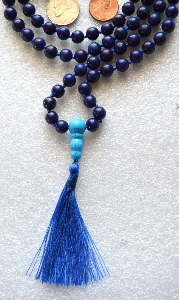 Hand Knotted Lapis Lazuli Mala Necklace - 6mm Bead Size - Birthstone Sagittarius Sun Sign - Astrological Sign Pisces - Third Eye Chakra