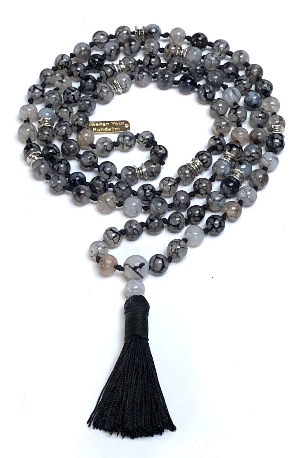 Certified Energized Mala Beads Necklace with COA - Chakra Mala - Japa Mala - 8mm 108 Buddhist Prayer Beads - Meditation Mala - Tassel Necklace – Zodiac/Sun Sign stones (Dragon Vein Agate)