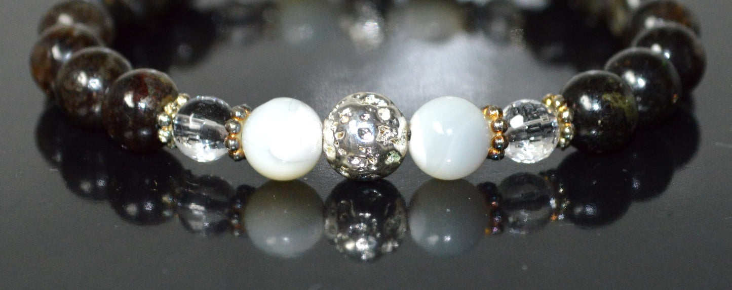 Astrophyllite, Crystal Quartz, Lava & Mother of Pearl Stretch Bracelet - Birthstone for April & June - Zodiac Sun Sign for Aries, Taurus, Gemini Cancer - Crown Chakra