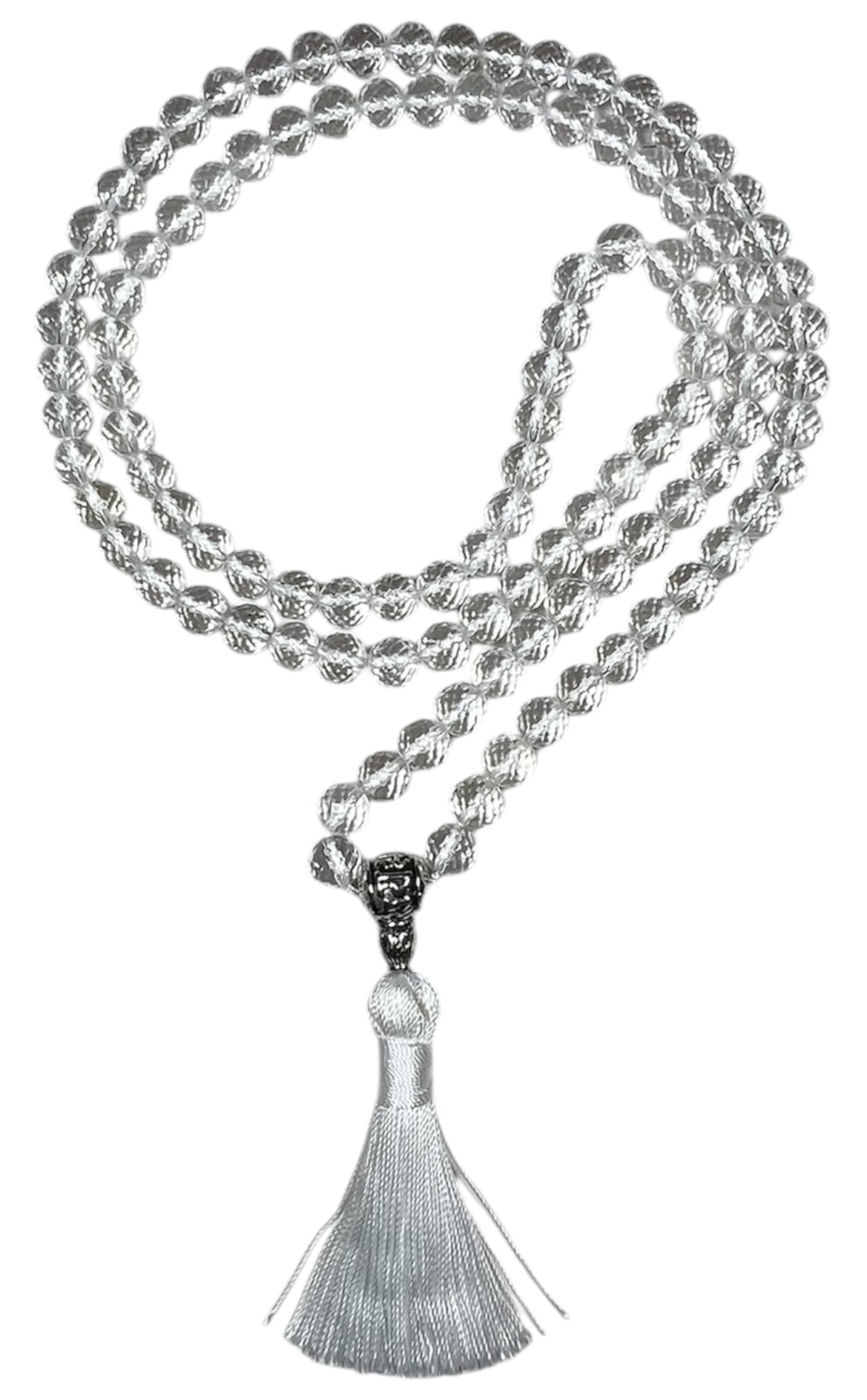 Diamond Cut Crystal Quartz Mala Beads Necklace – 108 Beads – Alloy Guru Bead with "Om Mani Padme Hum" Mantra Inscription – 6mm & 8mm – April Birthstone & Crown Chakra Energy Beads