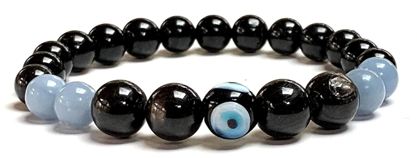 Empath Bracelet | Angelite, Tourmaline, Apache Tear, Evil Eye | 8mm Beads | 7.5 Inch | Throat, Root, Sacral Chakra Balance | Taurus Birthstone