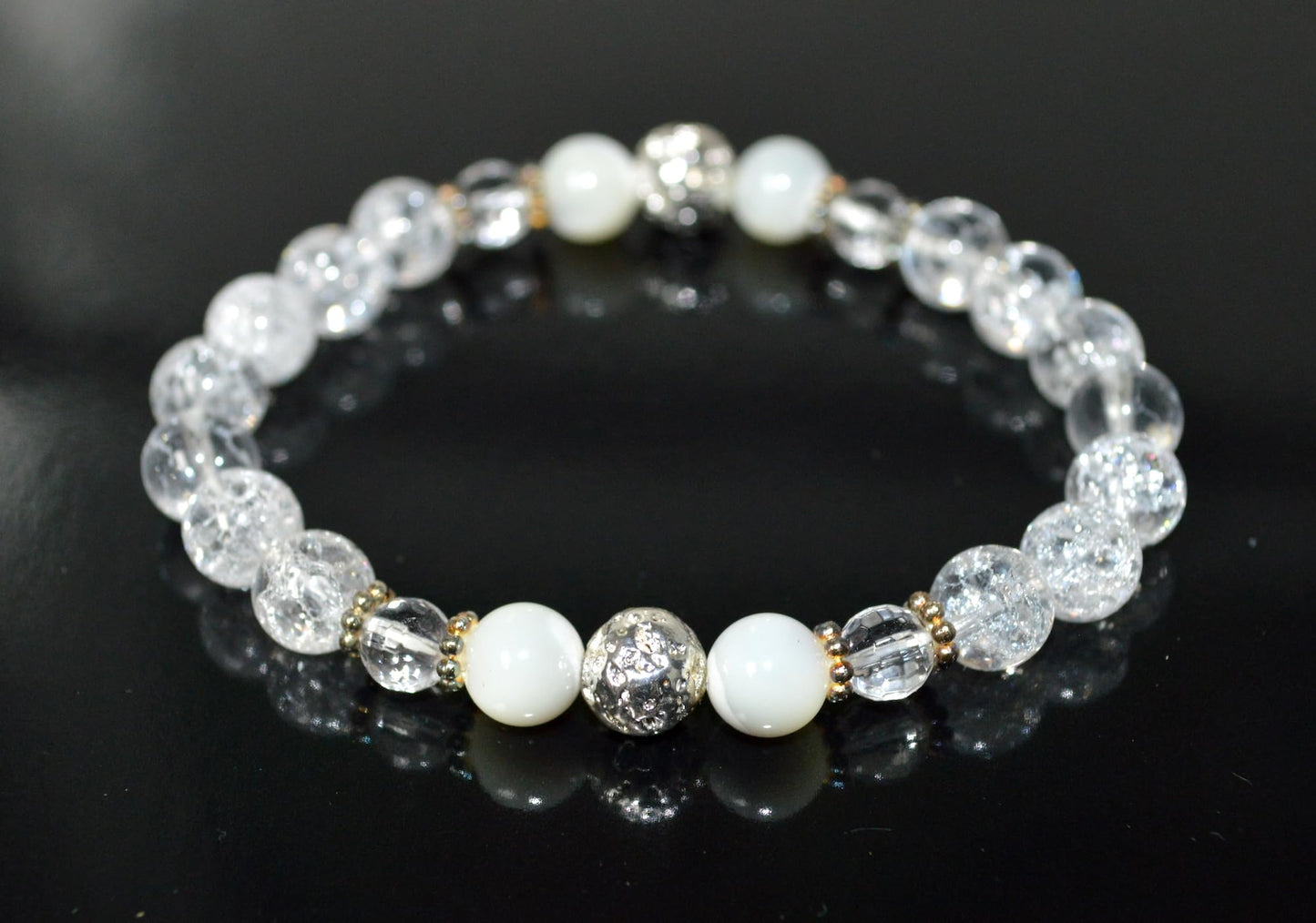 Handmade AAA Crackled and Faceted Crystal Quartz with Mother of Pearl Stretch Bracelet, Gemini Birthstone, May-June Sun Sign, Crown Chakra