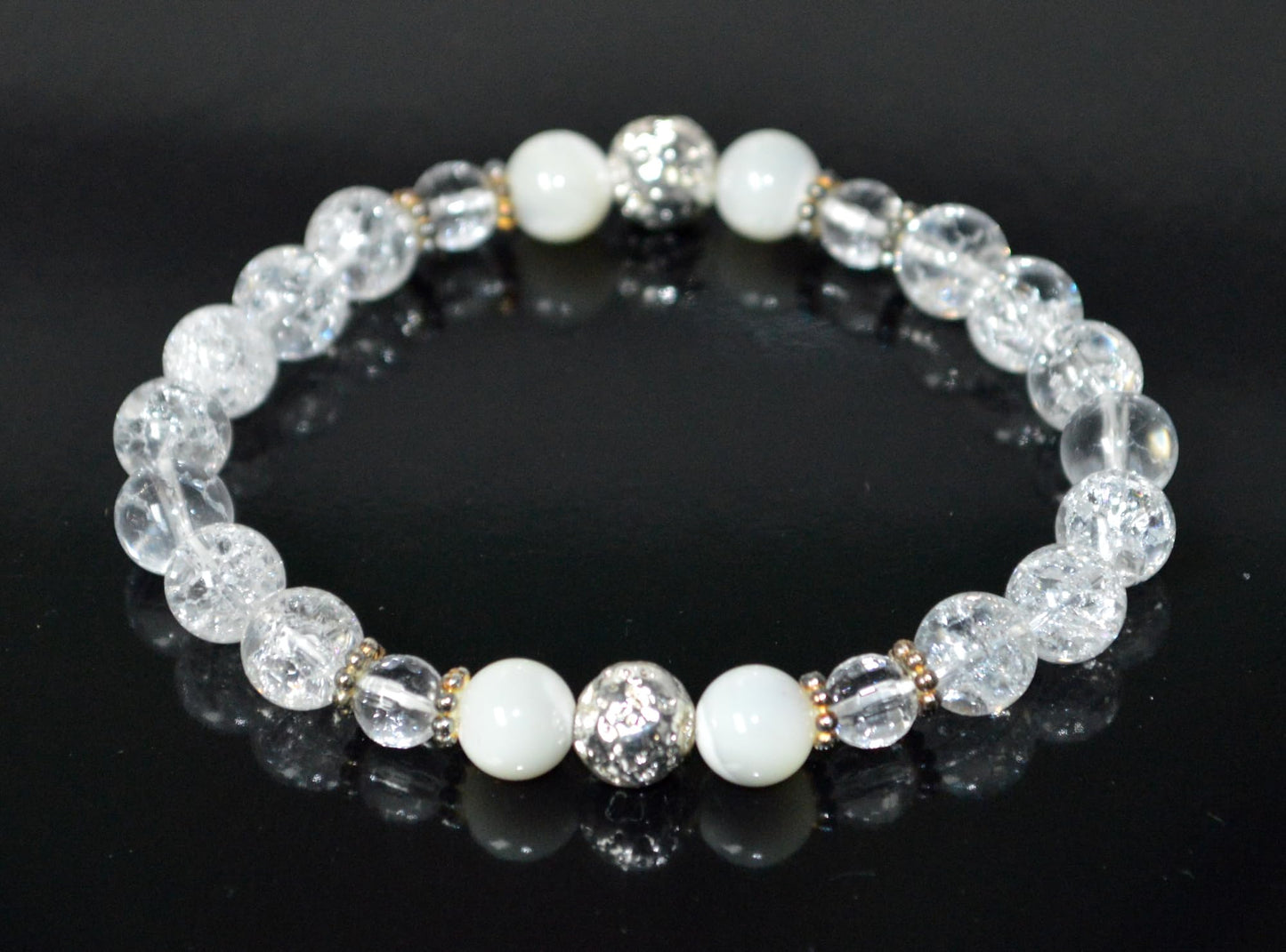 Handmade AAA Crackled and Faceted Crystal Quartz with Mother of Pearl Stretch Bracelet, Gemini Birthstone, May-June Sun Sign, Crown Chakra