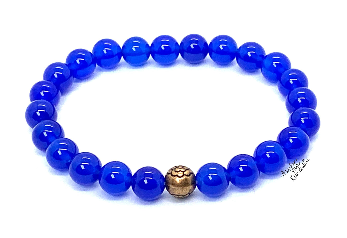 8mm Blue Jade Stretch Bracelet with Center Copper Bead - March Birthstone For Pisces - Throat Chakra Balancing Alignment & Activation