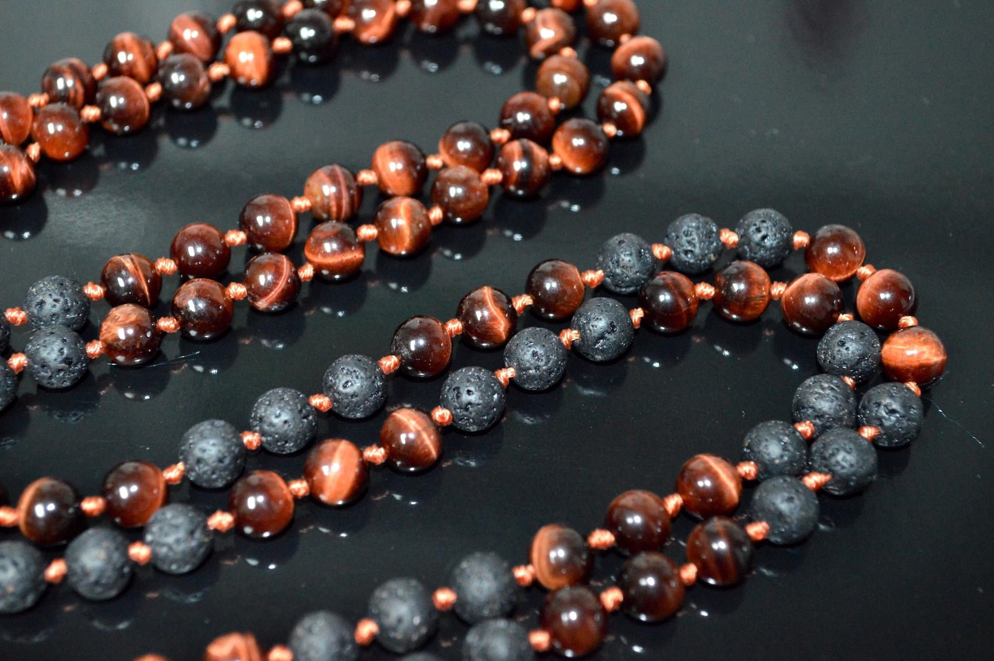 Natural Red Tigers Eye Lava Mala Detail 108 Beads Hand-Knotted VULCAN Collection Aromatherapy Diffuser Root Sacral Chakra Healing Volcanic Stone Spiritual Jewelry AYK Handmade USA Sacred Transformation