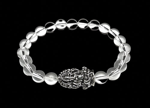 8mm Clear Crystal Quartz beaded stretch bracelet with a silver intricate Ganesha charm