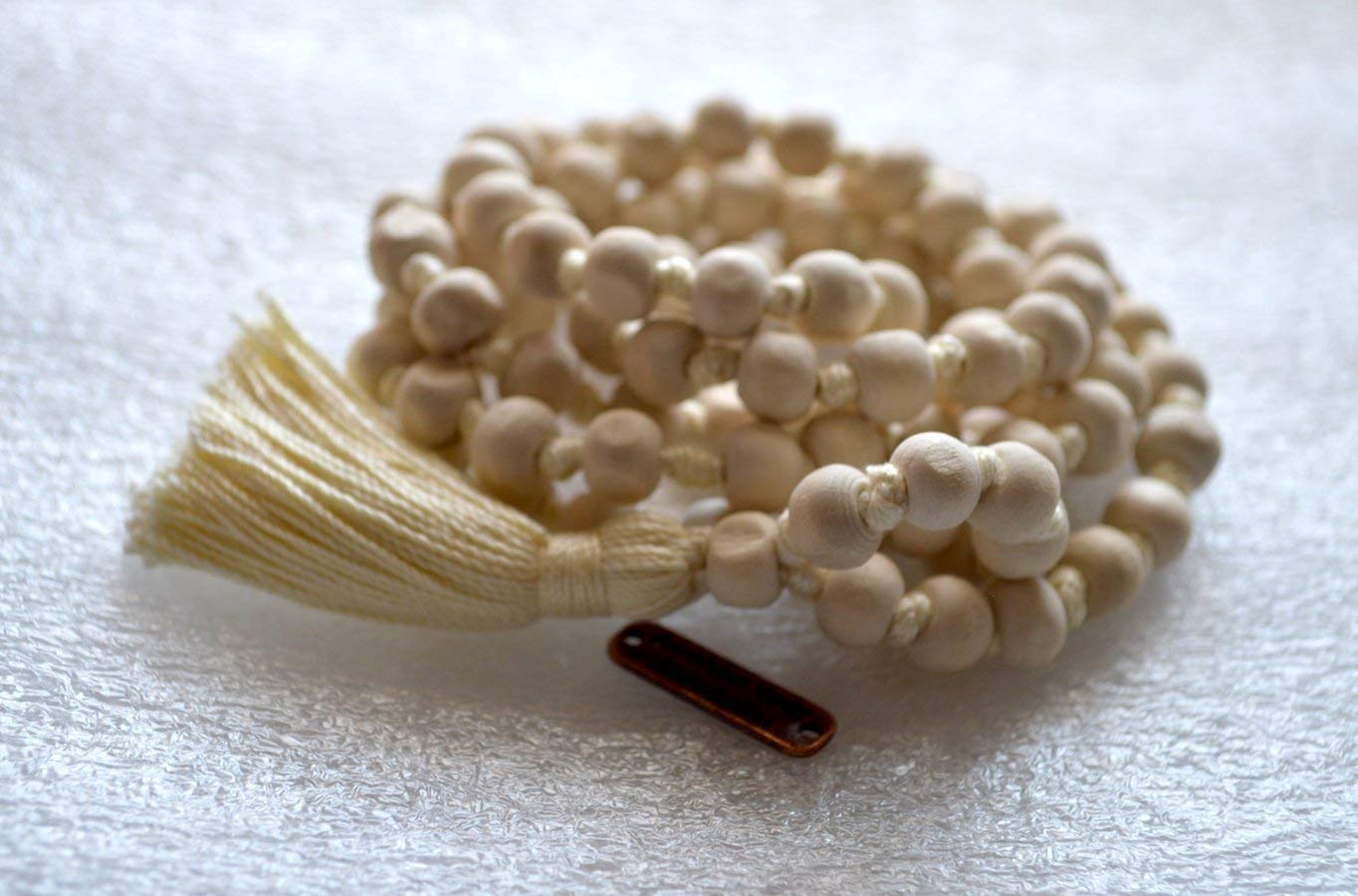 Tulsi Mala Beaded Necklace - Hand Knotted Tulasi Beads - 7 Chakra Mala (White String)