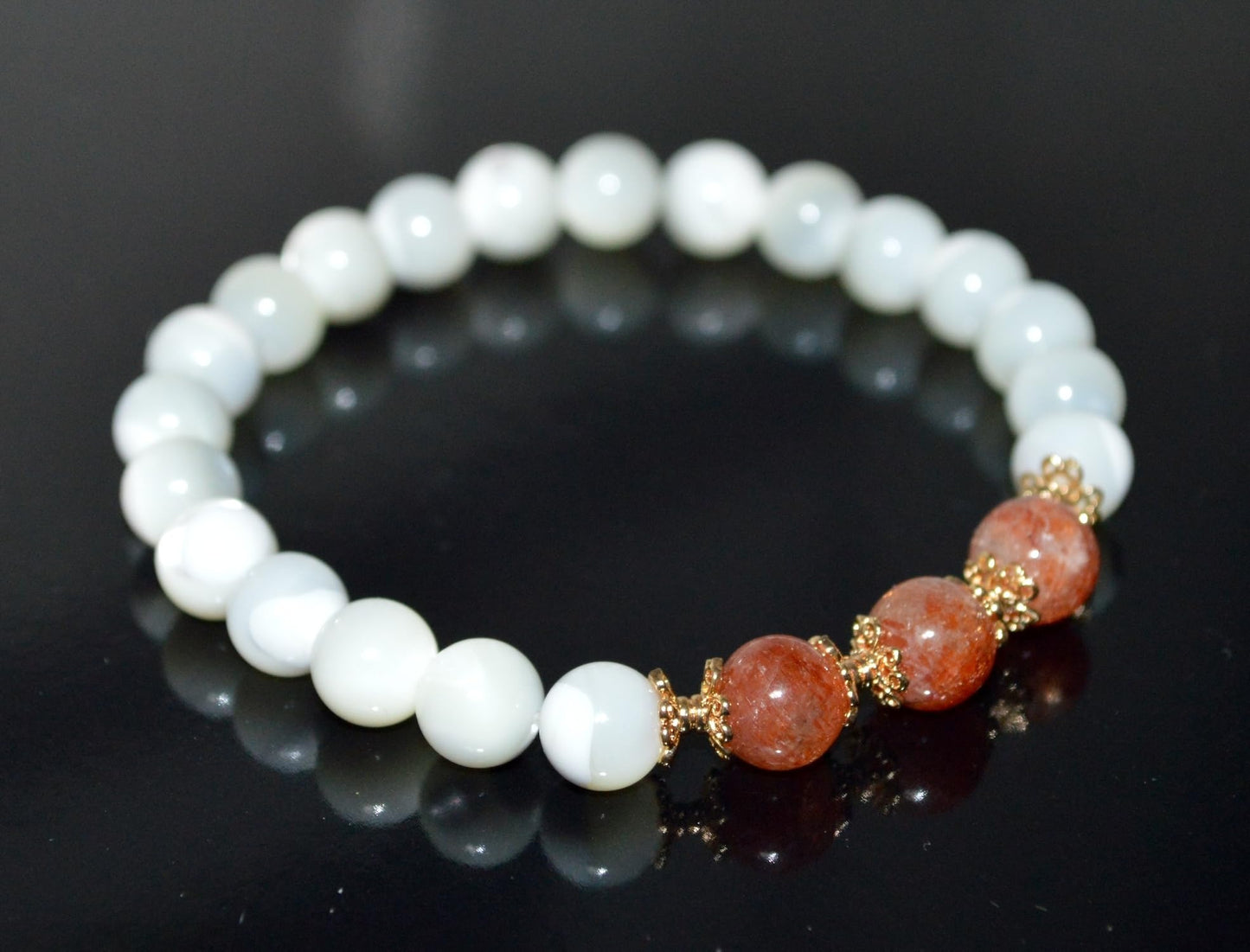 Mother of Pearl and AAAAA Grade Sunstone Beads Stretch Bracelet – Solar Plexus Chakra, Leo Birthstone