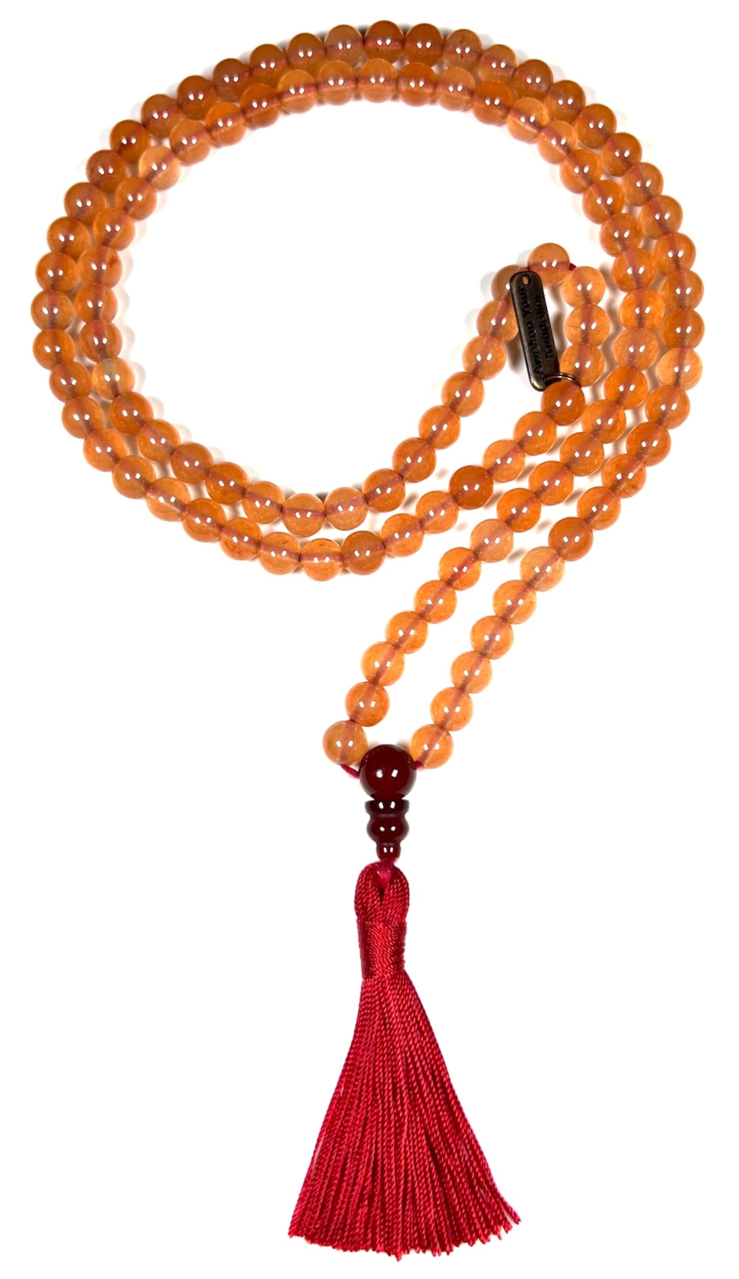 Orange Agate Mala Beads Necklace – 8mm, 108 Beads with Carnelian Guru Bead – Leo Birthstone & Sacral Chakra Energy Beads – Meditation & Yoga Prayer Mala