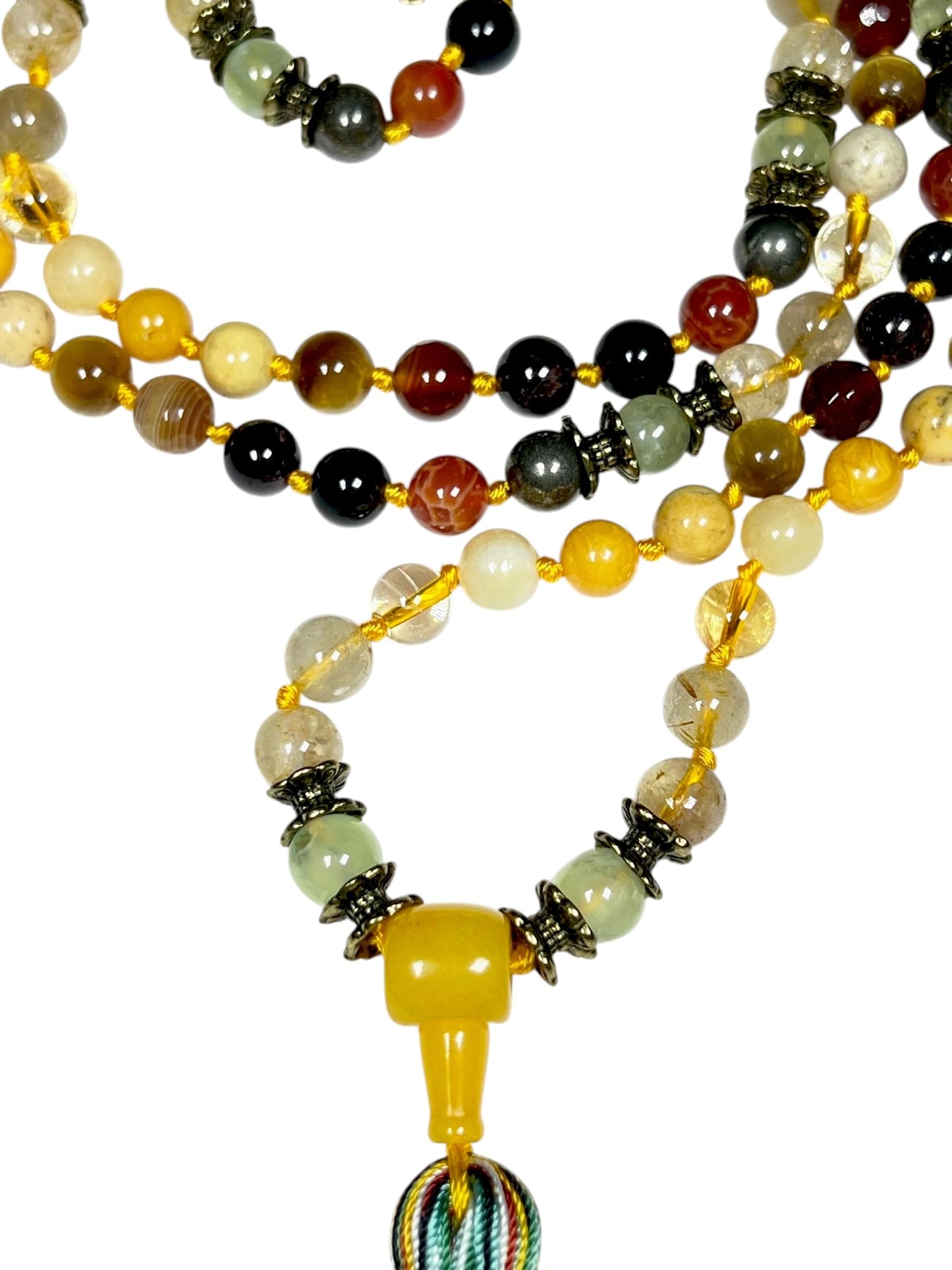 Hand Knotted Abundance Alchemist Mala Beads Necklace | Manifestation Crystals | 8mm 108 Beads | Solar Plexus & Root Chakras | Universal Zodiac Birthstones | Ethically Sourced
