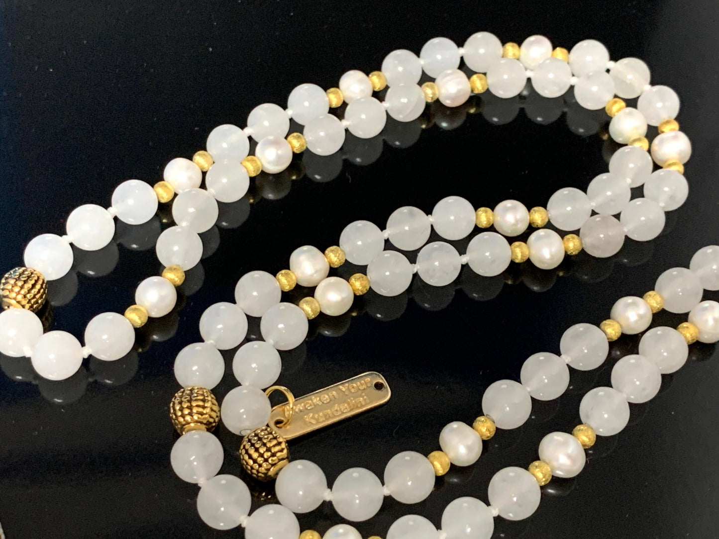 Hand-Knotted Selenite Pearl Mala Necklace with Hematite Guru Bead, 8mm, 108 Beads – Cancer Birthstone for June July - Third Eye Chakra Necklace
