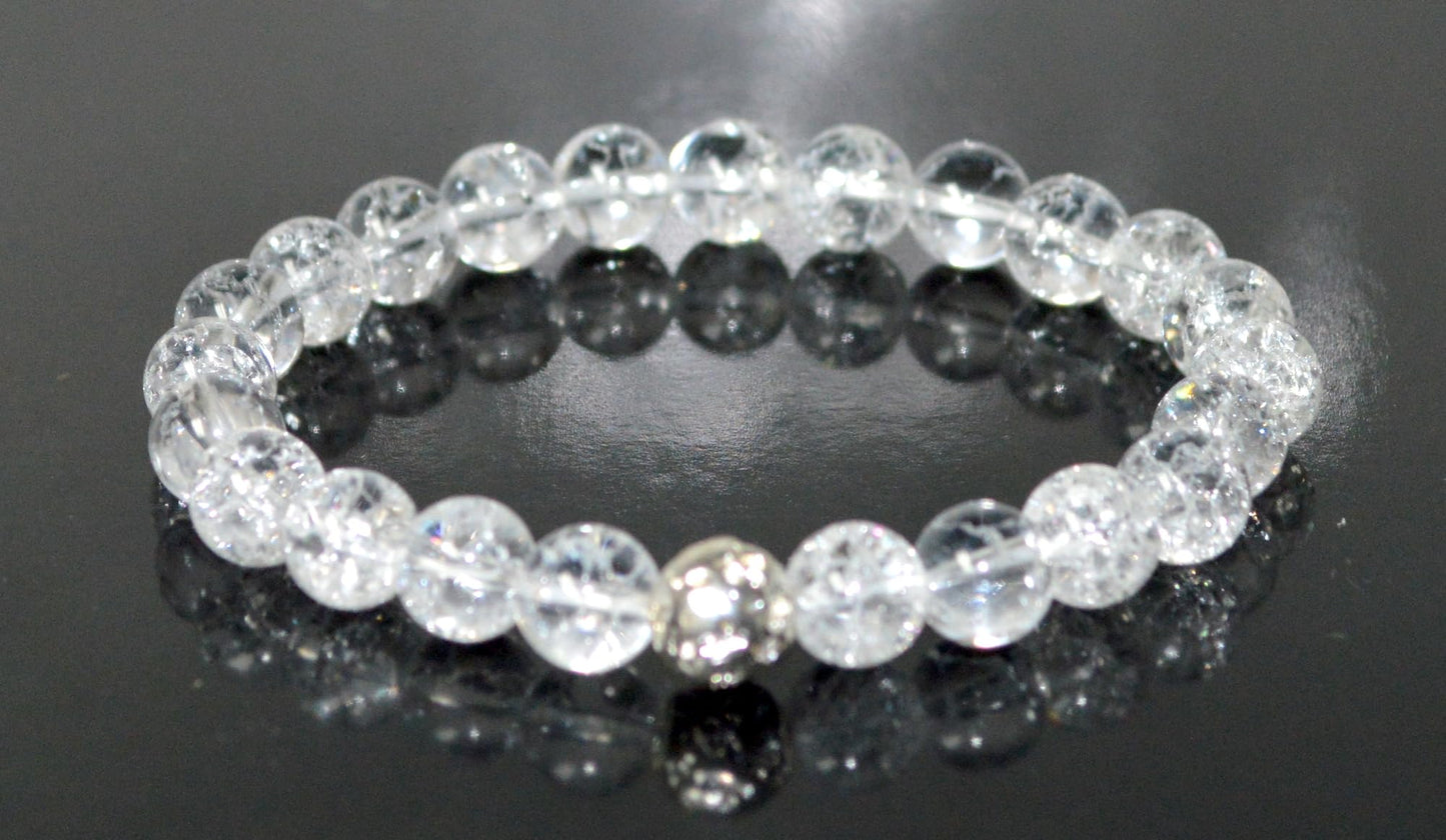 Himalayan Ice Crystal Quartz and Lava Beads Stretch Bracelet – Multi Tone Finish – Aries Birthstone – Universal Sun Sign - Crown Chakra Energy Bracelet