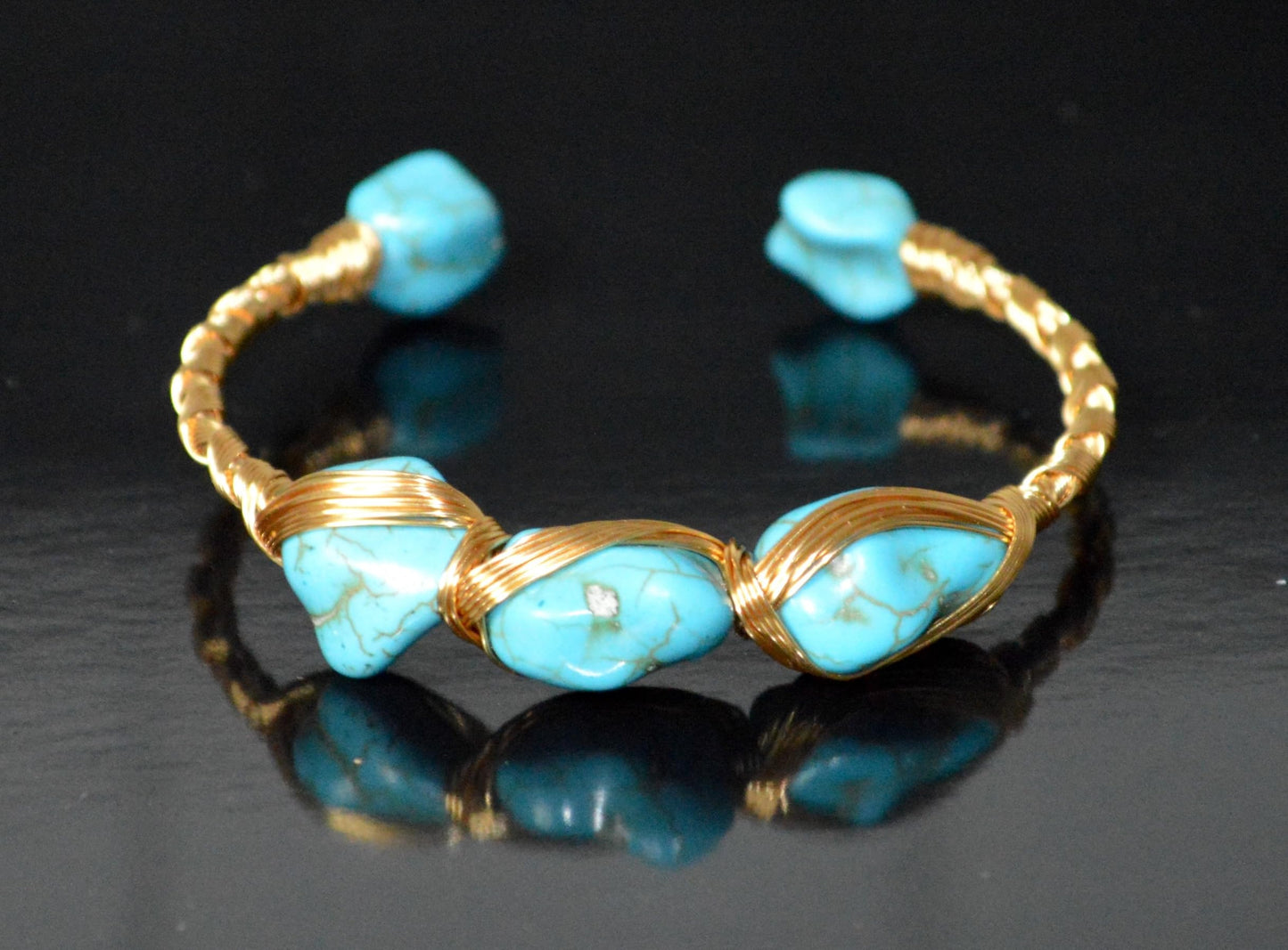 Natural Turquoise Bangle – December Birthstone Bracelet – Handmade Wire Wrapped Adjustable Bangle with 18k Gold Plating – Throat Chakra – Ethically Sourced Gemstone Jewelry Gift for Women & Moms