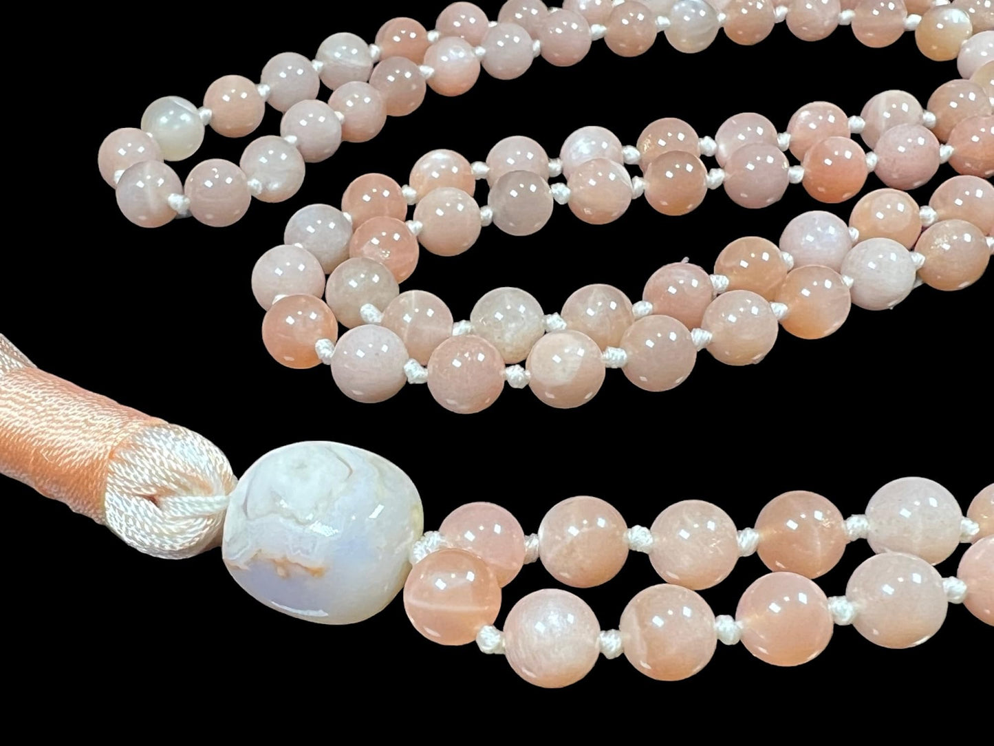 Peach Moonstone Mala Necklace w/Rose Quartz, 108 Beads, June Birthstone, Gemini Gemstone, Sacral Chakra - Nurture Your Soul
