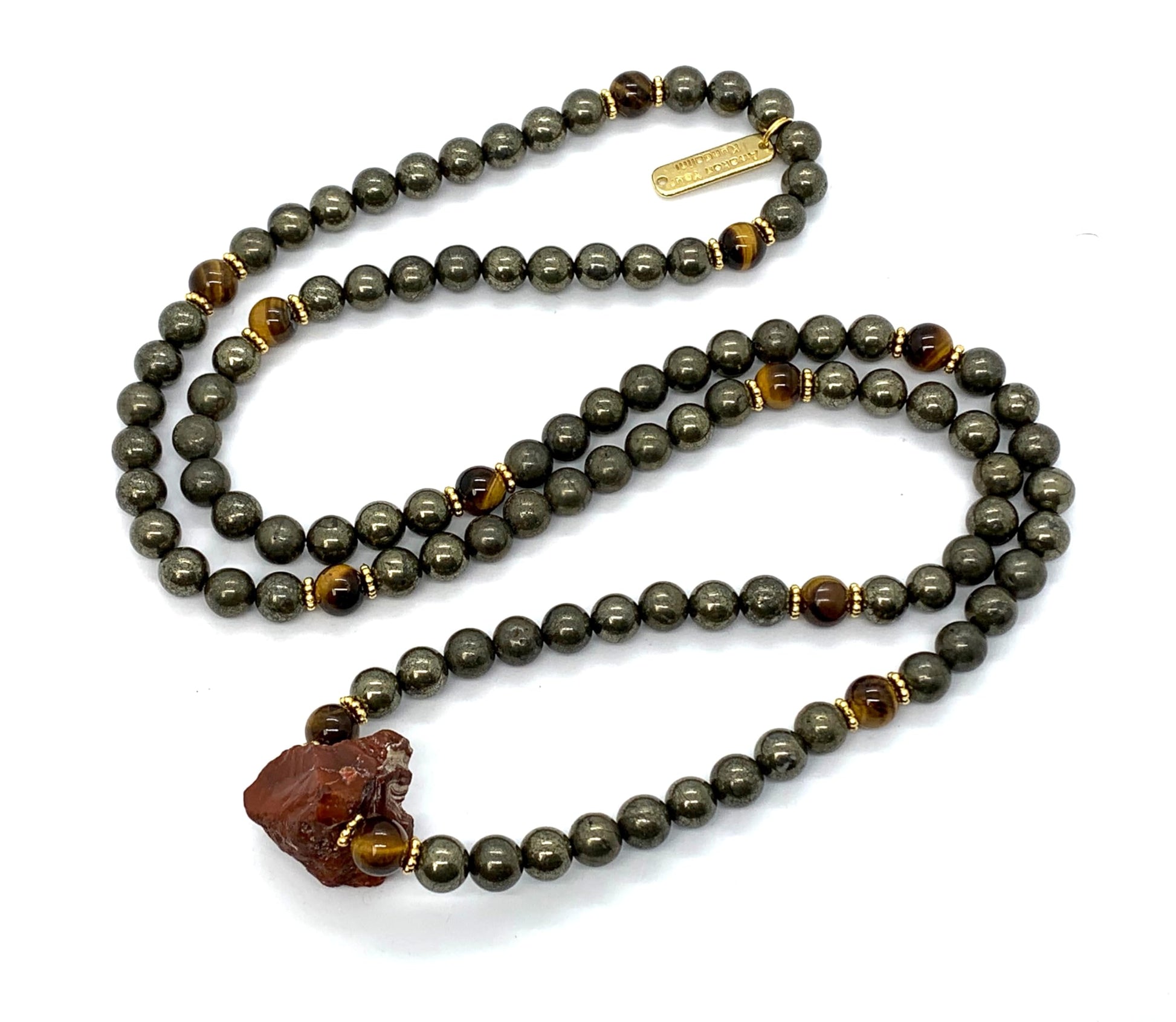 Carnelian Tiger's Eye Pyrite Mala Necklace 108 Beads Hand-Knotted Handmade USA HIRANYA Collection Solar Plexus Sacral Chakra Protection Abundance Healing Meditation Natural Stone AYK