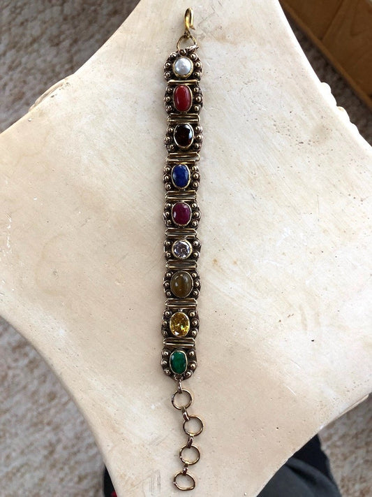 Navratan Navratna Wrist Band Bracelet - 9 Planets Healing Gemstone Navaratna Lucky Charm Amulet for Malefic Planetary Effects (Cuff Link Bracelet Approx. L8"xW.75" Inch Adjustable)