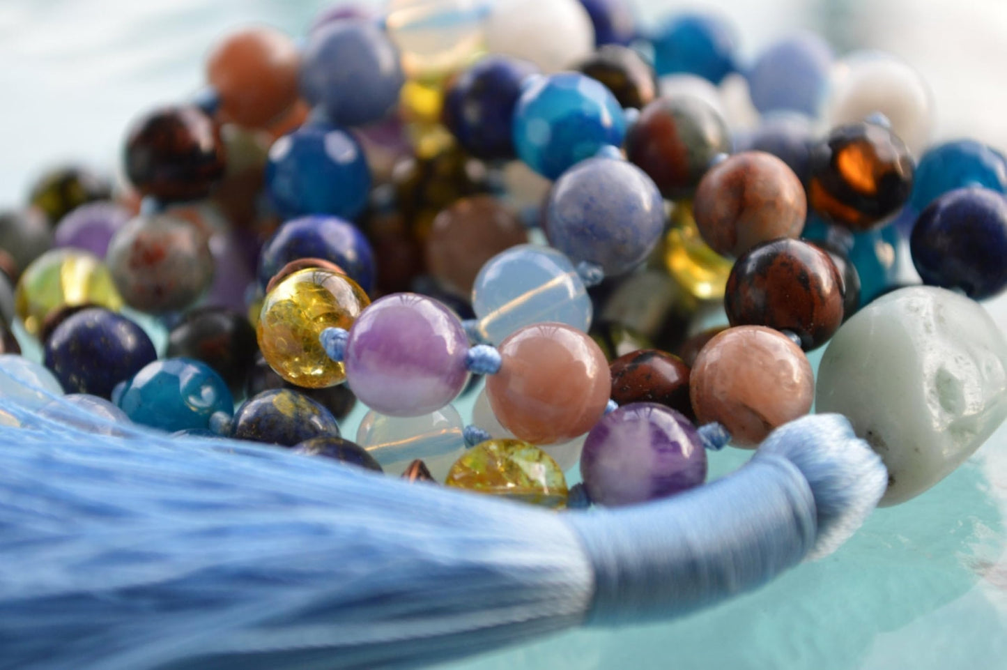 Hand Knotted Libra Mala Beads Necklace - Birthstone Jewelry for September and October - Heart and Throat Chakra Alignment - Heart and Throat Chakra Alignment