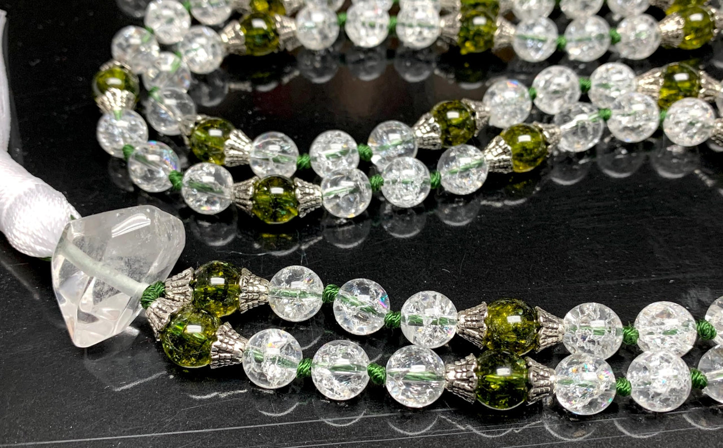 Himalayan Nirvana Mala Beaded Necklace – 8mm Ice Quartz & Peridot Beads | 8mm 108 Beads | Crown & Heart Chakras | August Birthstone Energy | Ethically Sourced