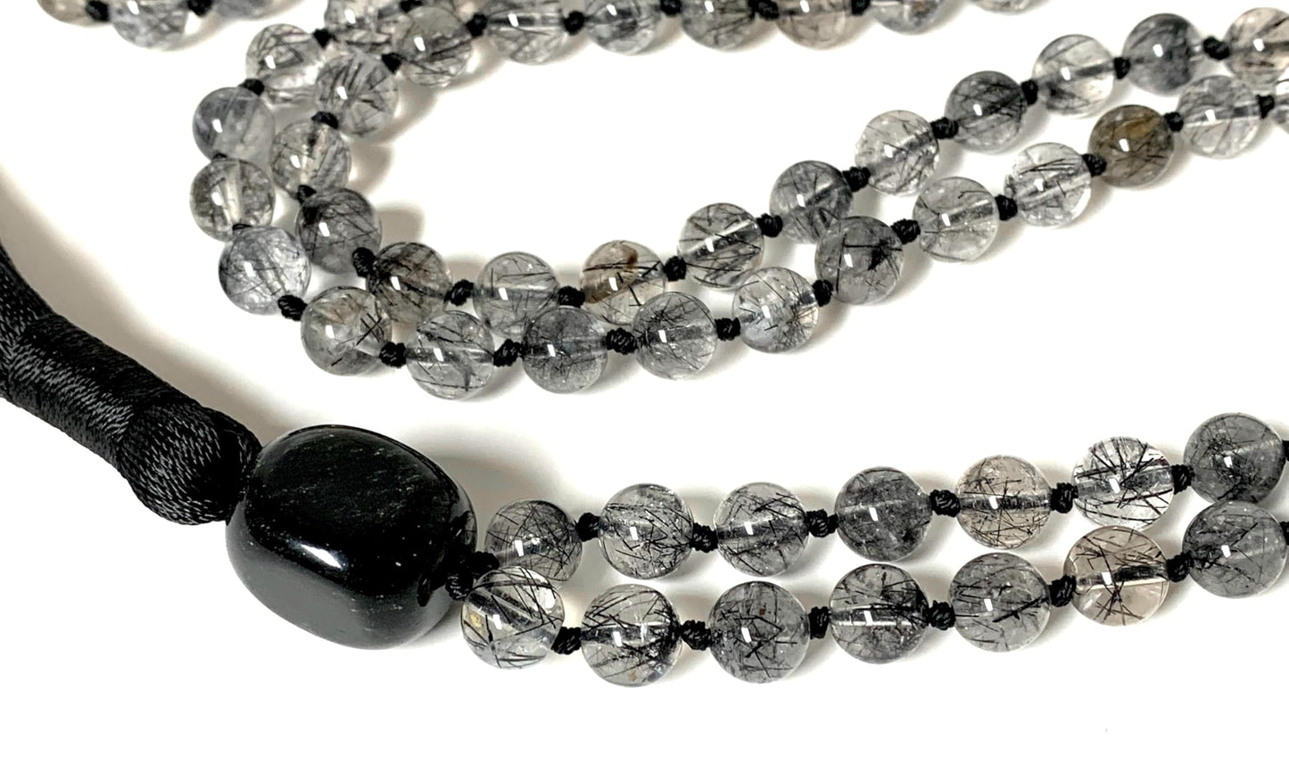 AAA Grade Rutilated Quartz Mala Necklace with Black Tourmaline Guru Bead β Hand-knotted 8mm 108 Beads | Crown & Root Chakras | April Birthstone Energy | Ethically Sourced