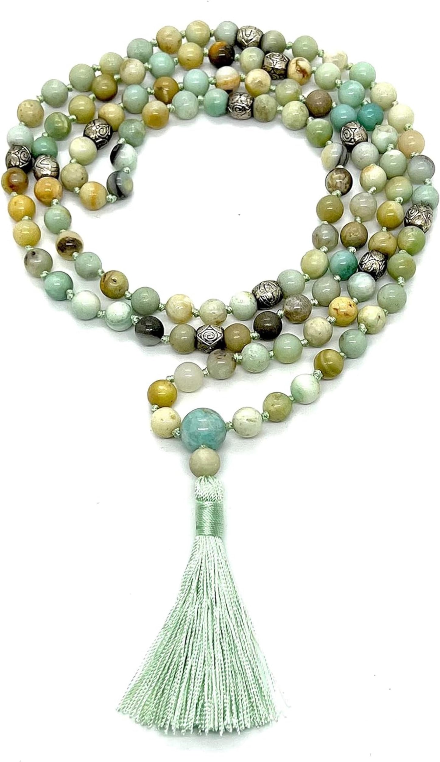 Hand-knotted Amazonite Mala Necklace 8mm 108 Beads - Virgo and Cancer Zodiac Sun Sign Crystal Gemstones