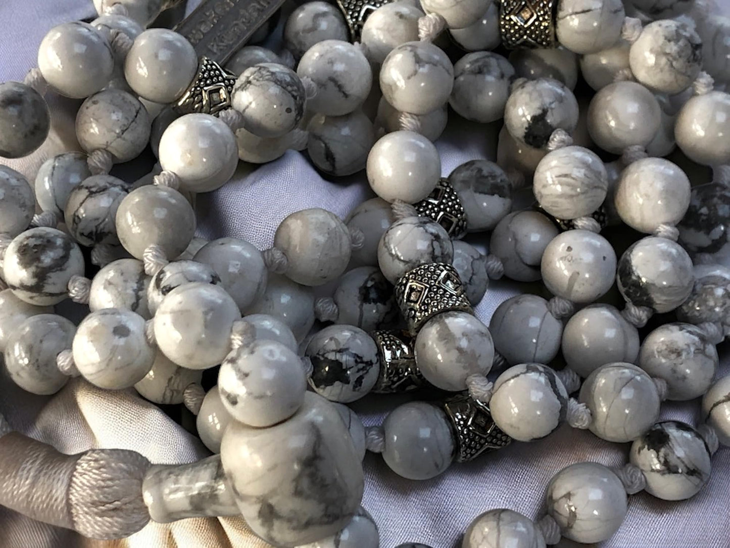 Hand Knotted White Howlite Mala Necklace (8mm 108 Beads, Zinc Alloy Spacers) - Gemini Birthstone, Zodiac Sign, and Throat Chakra