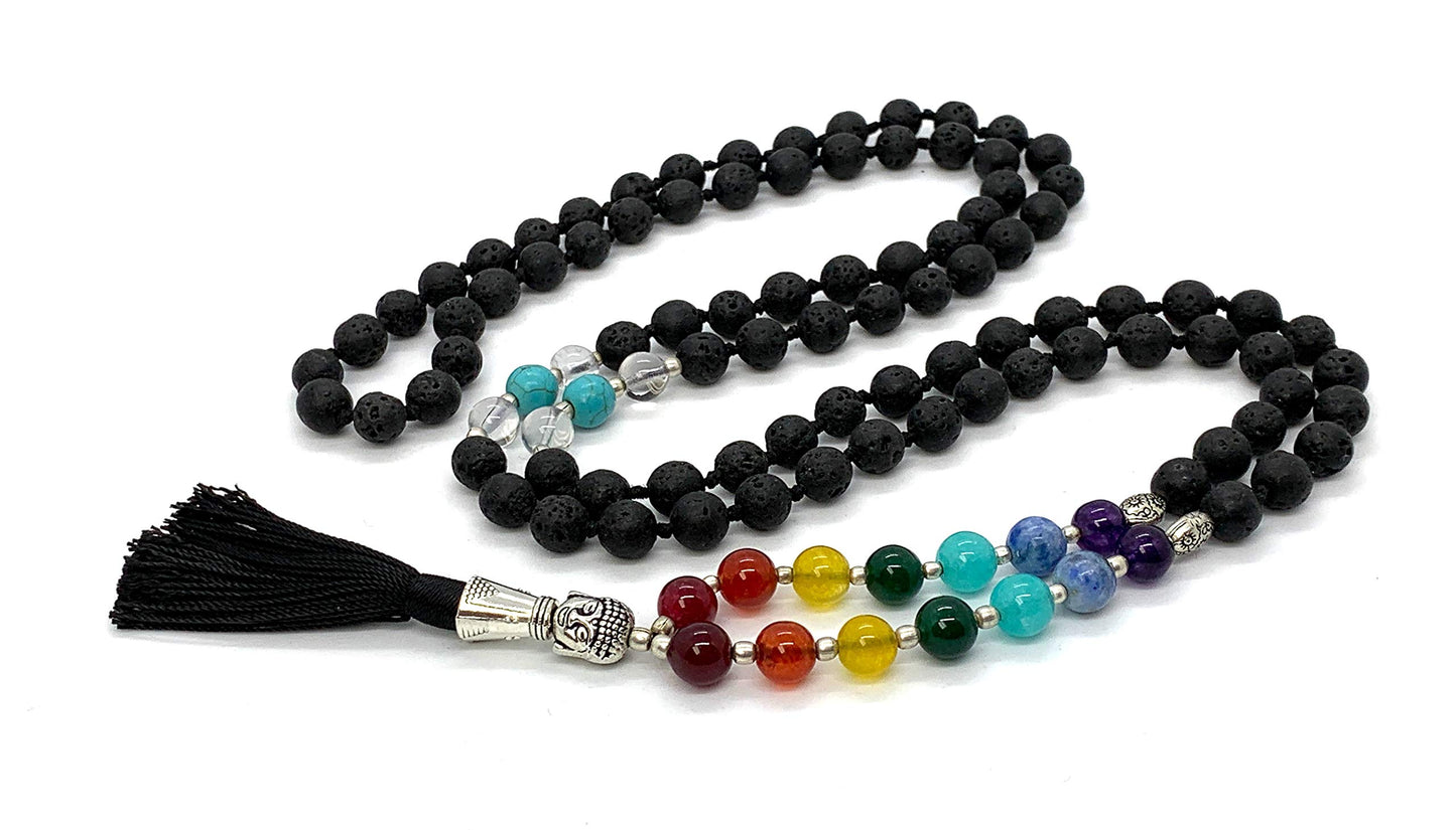 VULCAN 7 Chakra Lava Mala Necklace | Hand Knotted with Buddha Guru Bead | 8mm
