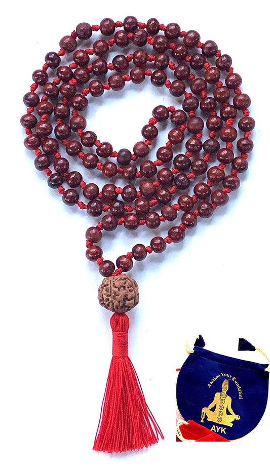 Rosewood mala beads necklace 108 buddhist prayer beads Red Sandalwood japa mala 10 Styles - Energized - w/ mala Pouch (8mm 108+1 Beads Knotted mala w/ 14mm 5 Mukhi (5 Face) Rudraksh Guru Bead)
