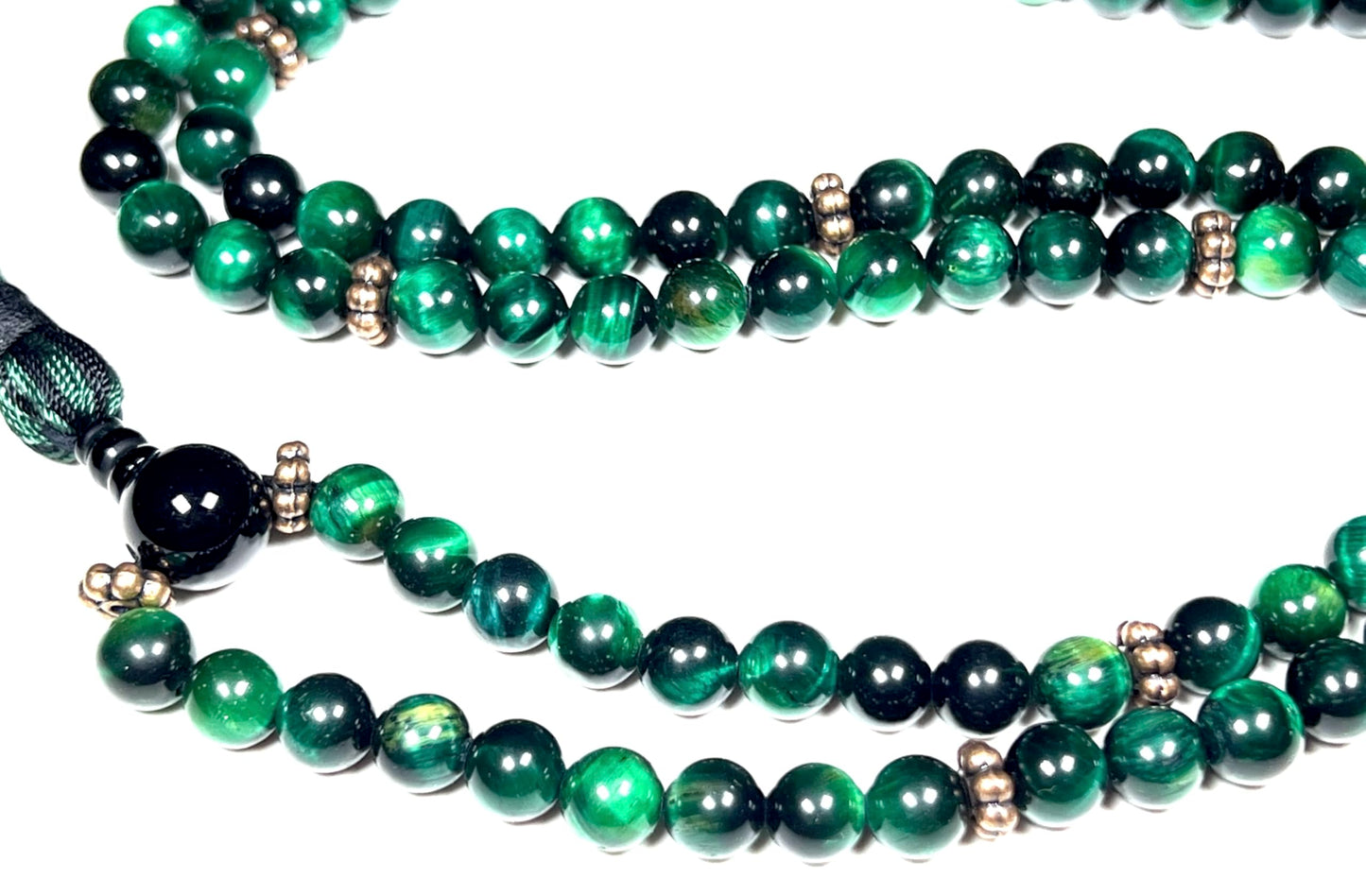 Handmade Green Tiger's Eye Mala Beads Necklace – 8mm 108 Beads - Copper Spacers – Heart Chakra & Taurus Birthstone