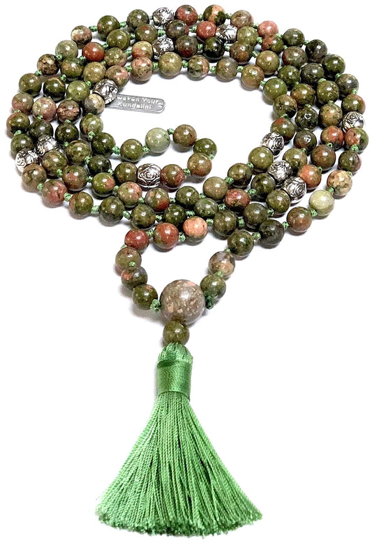 Certified Energized Mala Beads Necklace with COA - Chakra Mala - Japa Mala - 8mm 108 Buddhist Prayer Beads - Meditation Mala - Tassel Necklace – Zodiac/Sun Sign stones (Unakite)