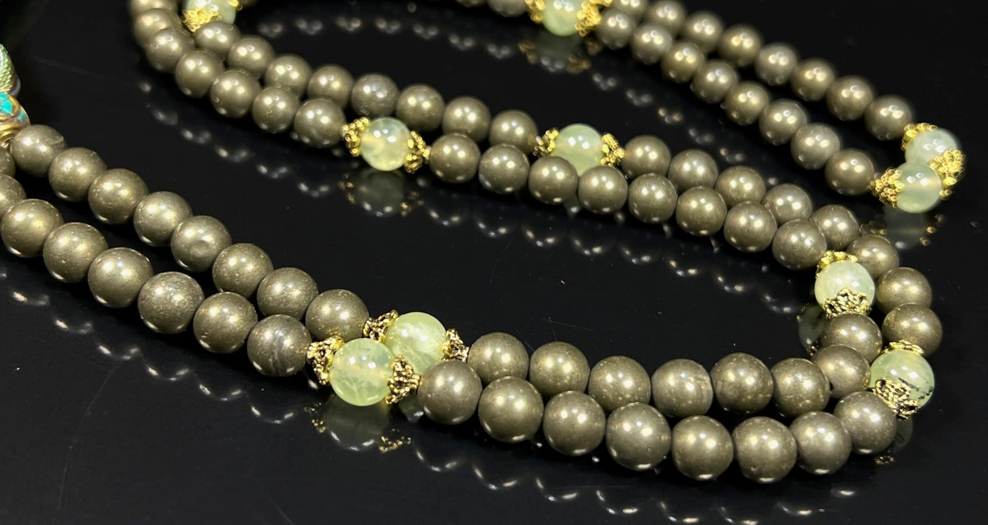 HIRANYA Collection Pyrite Prehnite Mala Necklace Flat Lay 108 Prayer Beads Solar Plexus Heart Chakra Activation Meditation Spiritual Jewelry Natural Gemstones Handmade USA AYK