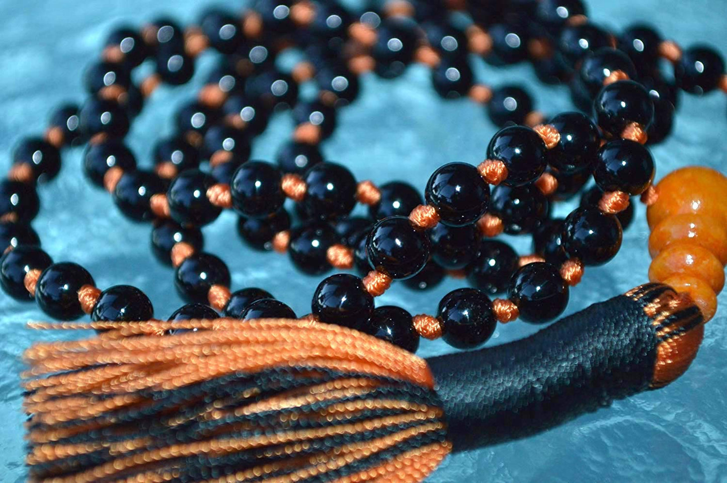 VESTA Black Tourmaline Mala Necklace with Orange Thread | Grounding, Protection & Vitality | 108 Hand-Knotted Beads | Root Chakra | Capricorn Birthstone | Handmade in USA